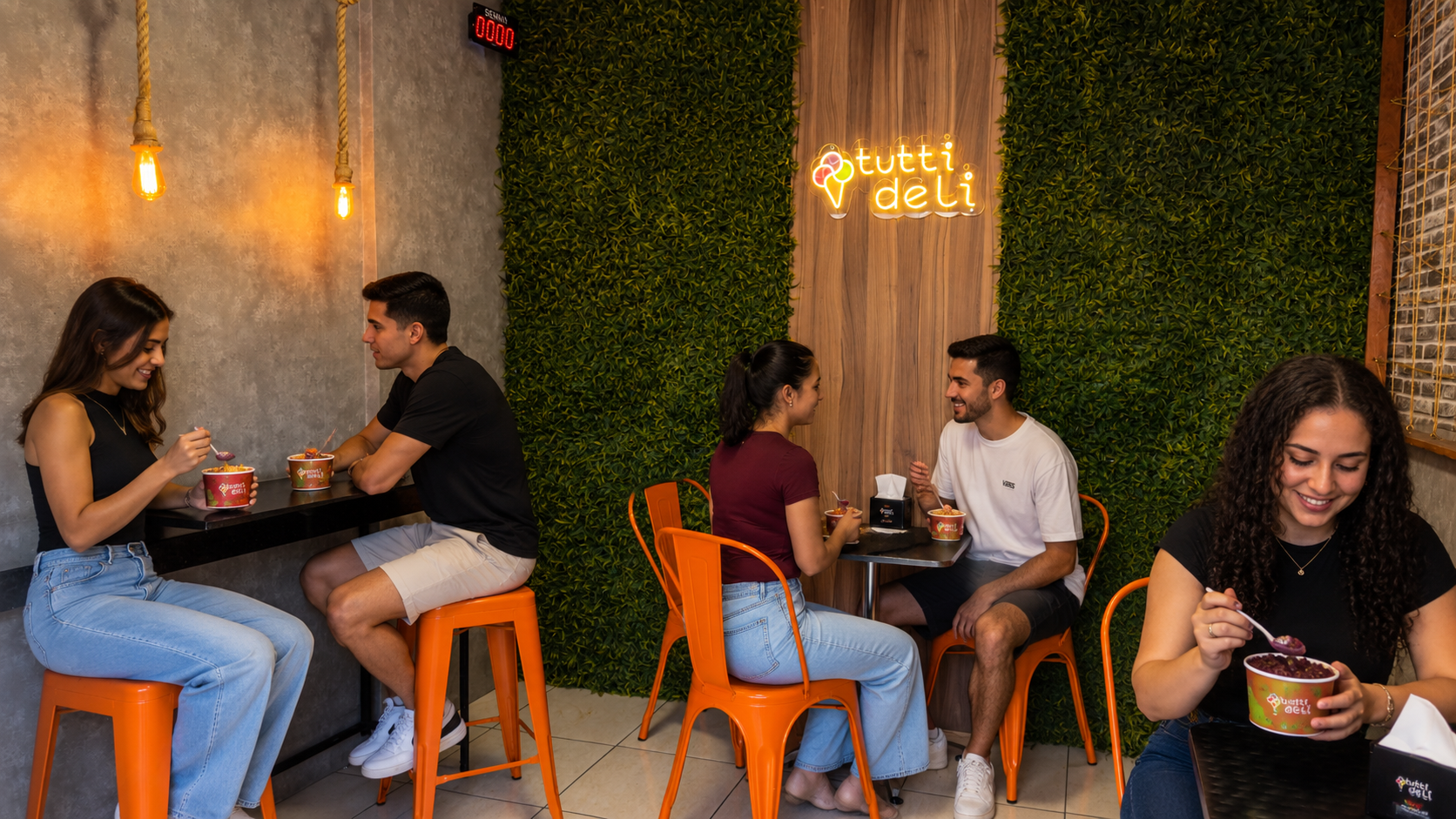 Família feliz compartilhando açaí Tutti Deli